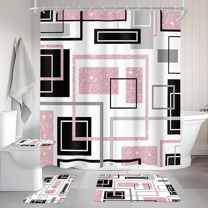 Cinbloo 4Pcs Abstract Black Pink Geometric Shower Curtain Set, Girls Girly Simple Minimalist Modern Women Gray Grey Bathroom Curtain with Rug Toilet Lid Cover Bath Mat with 12 Plastic Hooks