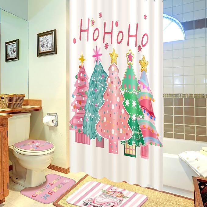 Drydiet 4 Pcs Christmas Shower Curtain Set Bathroom Decoration Non Slip Rugs Mat Toilet Lid Cover Shower Curtain for Xmas Holiday Farmhouse Home Bathroom Decor(Pink Christmas)