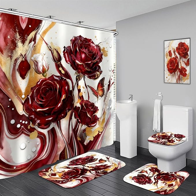 Red Marble Rose Shower Curtain Set,Luxury Modern Abstract Floral Bathroom Decor with Non-Slip Rugs & Toilet Lid Cover, Waterproof Fabric with 12 Hooks,Elegant Glamorous Bathroom Accessories for Home