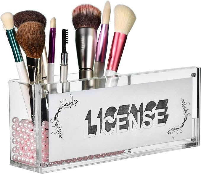 AMT CLEAR Acrylic Make Up Organizer, Business License Frame for Cosmetology or Other Businesses, Makeup Brush Holder, Pen Holder,Business Card Display (Pink)