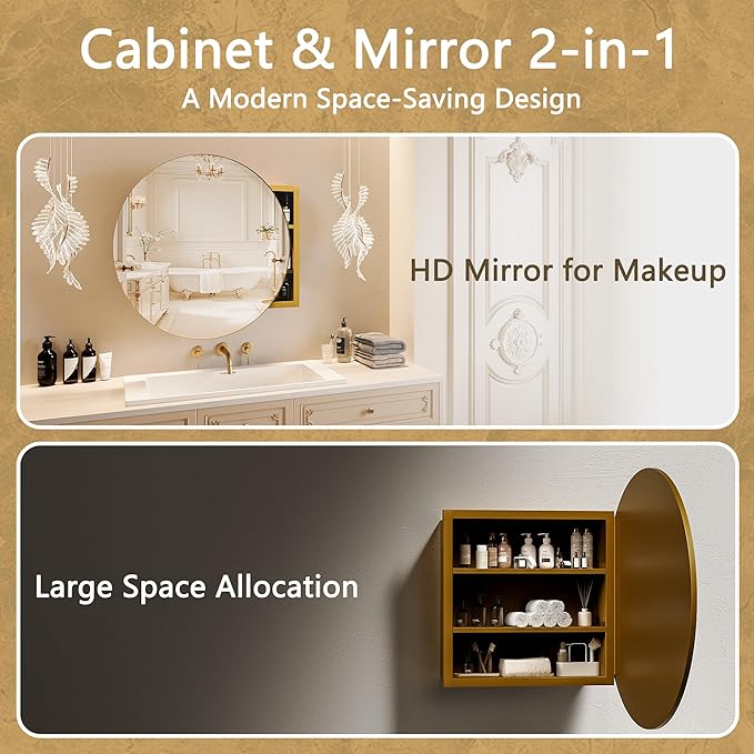 Medicine Cabinet Mirror, Wall Mounted Bathroom Vanity with Mirror, 23.2" Round Bathroom Medicine Cabinet with Storage Function, Removable Shelves, Metal, NO Assembly, Gold