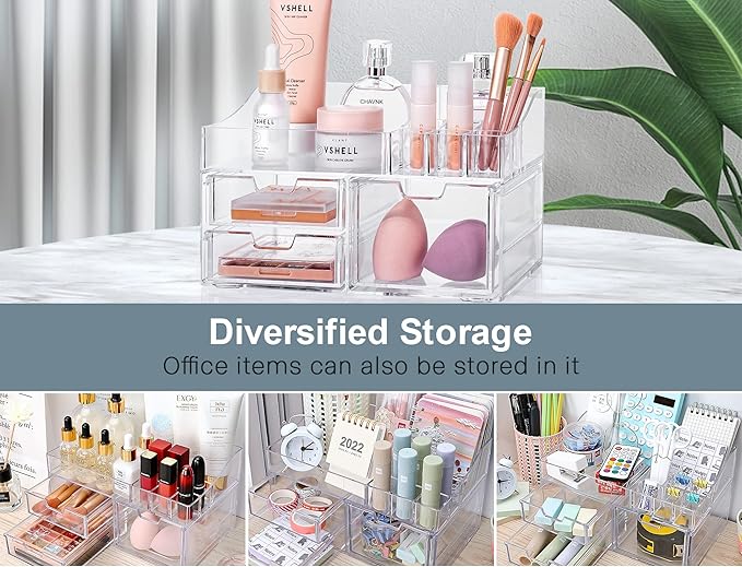 GORET Vanity Makeup Organizer, Acrylic Cosmetic Storage with Large Capacity 3 Drawers for Bathroom Countertop Perfume Lipstick Brushes Skincare Eyeshadow