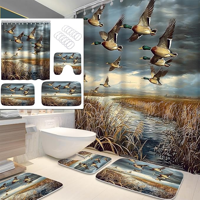 Rustic Wild Ducks Hunting FlyingBathroom Sets with Shower Curtain and 20 x 31 Rugs Bathroom Accessories Sets Decor with Bath Rug, Bath Mat, U-Shaped Contour and Hooks 72 x 72 Inch Brown and Teal