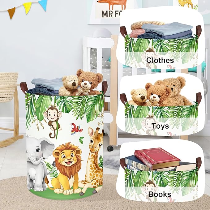 Jungle Animals Laundry Hamper Large Storage Basket Cartoon Wild Zoo Collapsible Parents Organizer Kids Toy Clothes Bins for Bedroom, Bathroom, Lion, 63L