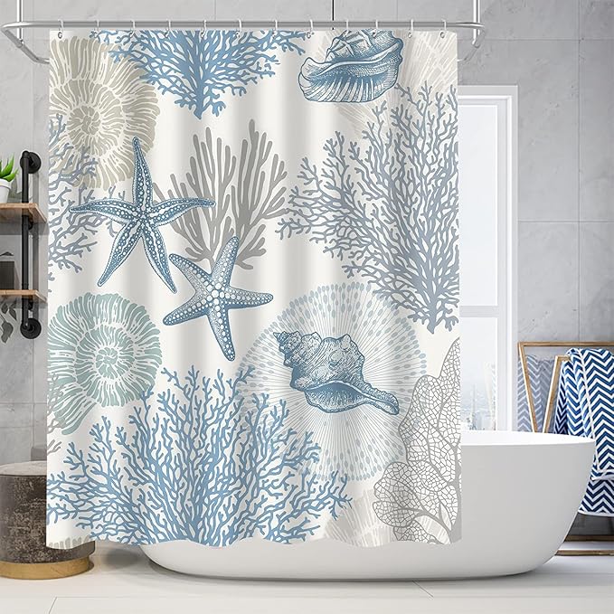 Nkzply 4 Pcs Beach Shower Curtain Set Blue Starfish Bathroom Sets with Shower Curtain and Rugs Ocean Seashell Coral Bathroom Decor Accessories Nautical Bathroom Rug Set Toilet Lid Cover 12 Hooks