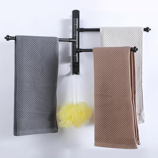 Black Towel Rack Swivel Hanger Towel Bar for Bathrrom Wall Mounted Drying Rack Space Saving Storage Organizer Hanging Holder 12Inch (Stainless Steel, Black 3-Arm)