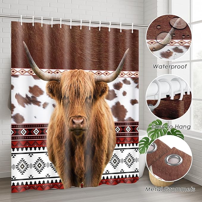 Western Highland Cow Shower Curtain Set with Toilet Lid Cover and Non-Slip Rugs, Cowhide Print Rustic 4 Pcs Shower Curtain with 12 Hooks, Farmhouse Bathroom Set with Rugs and Accessories
