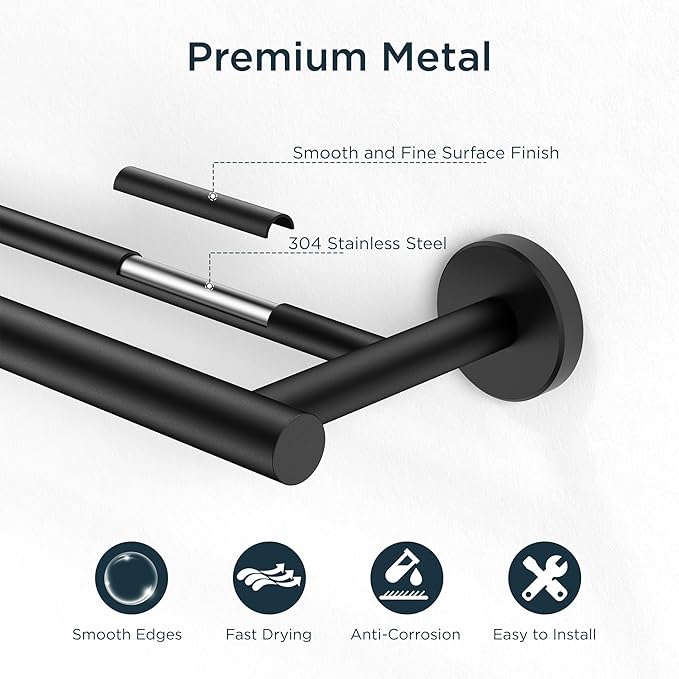 FORIOUS Black Double Towel Bar, 24 Inch Double Towel Racks for Bathroom, Heavy Duty SUS304 Stainless Steel Towel Holder Rail Wall Mount, Includes Wall Mounting Hardware, Matte Black