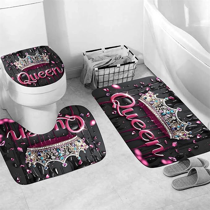 AZHM Pink Crown Print Shower Curtain Set 4 PCS Glitter Crystal Bathroom Decor with Shower Curtain and Rugs
