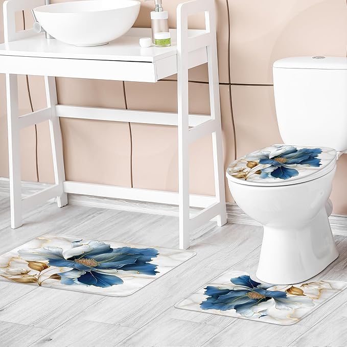 Riyidecor Blue Gold Floral 4Pcs Bathroom Shower Curtain Sets Abstract Minimalist Aesthetic Bathroom Decor Set with Rugs and Accessories Modern Toilet Lid Rug, Contour and Bath Mat with 12 Hooks