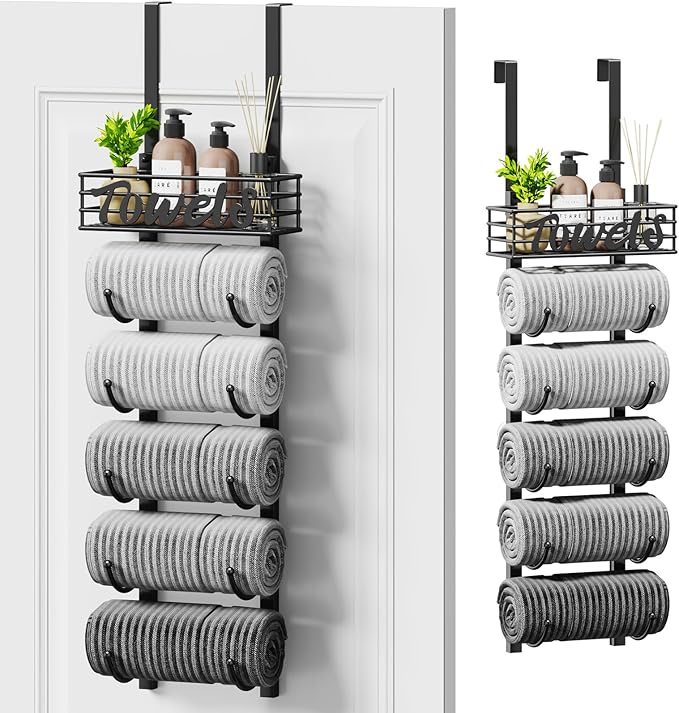 SWTYMIKI Hanging Towel Racks for Bathroom - 6 Tier Over The Door & Wall Mounted Bath Rolled Towel Storage Organizer Holder for Small Bathroom, RV, Camper, Black (Patented)