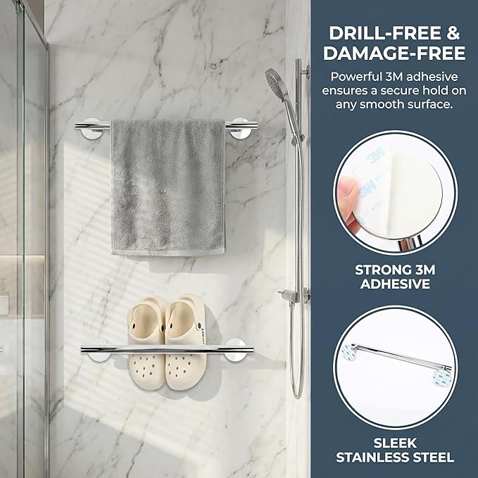 Self-Adhesive Towel Bar 16" - No Drill Chrome Bathroom Towel Rack, Wall Mount Towel Holder, Rustproof Stainless Steel Adhesive Command Strip Towel Bar for Bathroom Wall