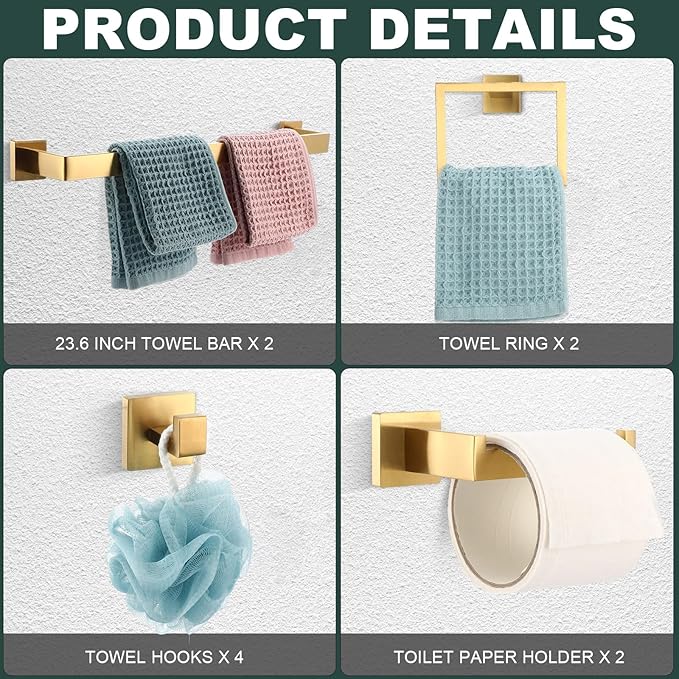 Gisafai 10 Pcs Gold Bathroom Hardware Accessories Set 23.6 Inch Bath Towel Bar Kit Stainless Steel Bathroom Hardware Set Towel Racks Ring Robe Hooks Paper Holder for Wall Mounted