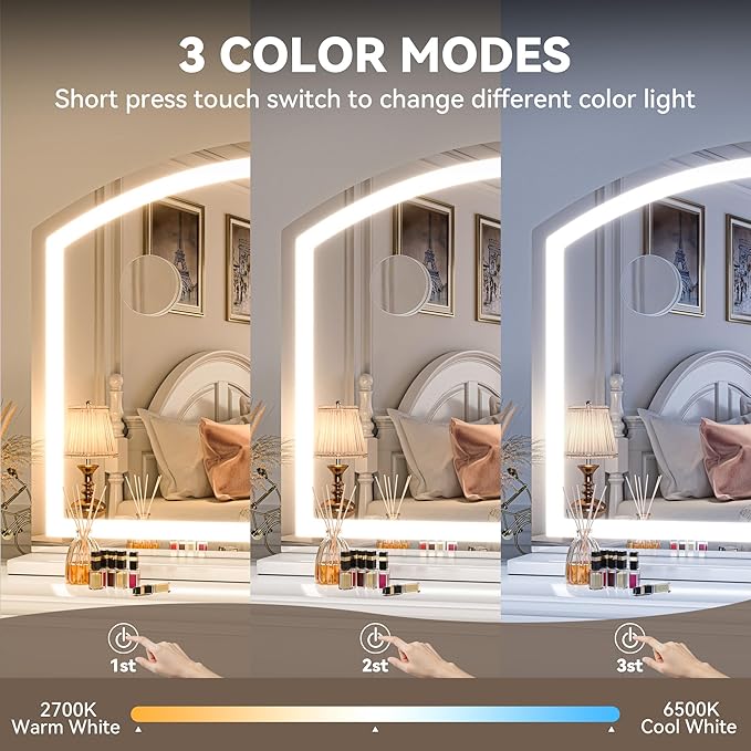 Hasipu 40" x30” Arch Vanity Mirror with LED Lights - Makeup Mirror with 10X Magnification, USB Charging Port & 3 Dimmable Color Modes