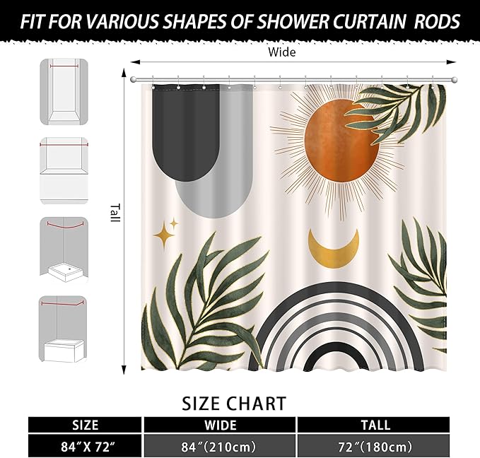 Boho Mid Century Shower Curtain, Bohemian Minimalist Simple Aesthetic Modern Bathroom Decor, Colorful Rainbow Sun Moon Natural Botanical Leaves Fabric Cloth Bath Curtain (Boho Black, 84x72 Inches)