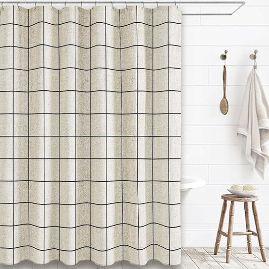 Farmhouse Plaid Shower Curtain Beige Linen Shower Curtains for Bathroom Natural Black Pattern 78" L x 72" W Inch