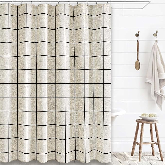 Extra Long Farmhouse Plaid Shower Curtain Beige Linen Shower Curtains for Bathroom Natural Black Pattern 90" L x 72" W