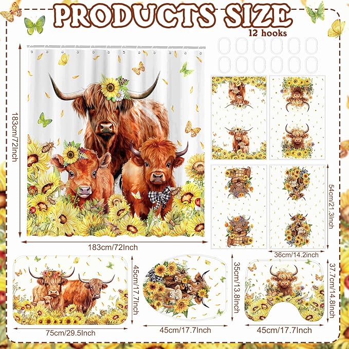 FuWeave 8 Pcs Highland Cow Shower Curtain Sets for Bathroom Sunflower Farm Cattle Shower Curtain Sets Watercolor Floral Bathroom Accessories with Towels Carpet Bath Mat Toilet Rugs and 12 Hooks
