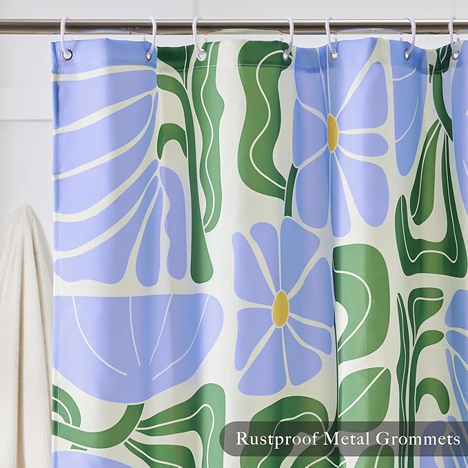 Mid Century Modern Abstract Geometric Colorful Boho Shower Curtains for Bathroom, Cute Blue and Green Floral Retro Bathroom Shower Curtain, Waterproof Vintage Bath Curtain 72''x72''