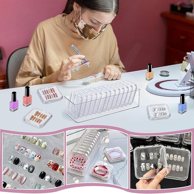 26PCS Press on Nail Storage Box with 2 Big Storage Boxes 60 Adhesive Double Sided Tape 100 Acrylic Nail Display Board Plastic Nail Display Box Fake Nail Case Clear Nail Packaging Boxes