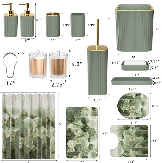 XLHOMO Bathroom Set - 26PC Bathroom Set with Shower Curtain and Rugs, Bathroom Accessory Set, Sage Green Bathroom Accessories Set, Trash Can & Soap Dispenser