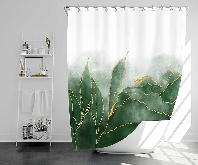 Marble Shower Curtain Ombre Green Gold Modern Bathroom Art Decor Emerald Green Golden Fabric Waterproof Polyester 72 x 72 Inches