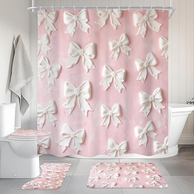 Cinbloo 4Pcs Pink White Bow Shower Curtain Set, Vintage Bowknot Oil Painting Bathroom Curtain with Rug, Toilet Lid Cover, Bath Mat, Girly Fashion Pretty Sweet Modern Shower Curtain with 12 Hooks