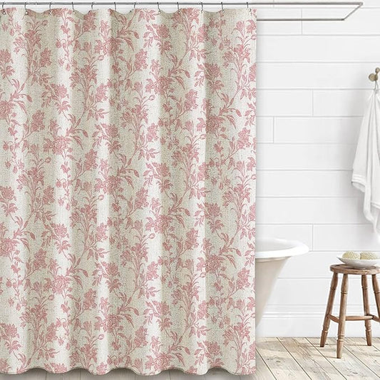 Extra Long Pink Shower Curtain Floral Cotton Linen Cottagecore Shower Curtain for Bathroom 90" L x 72" W