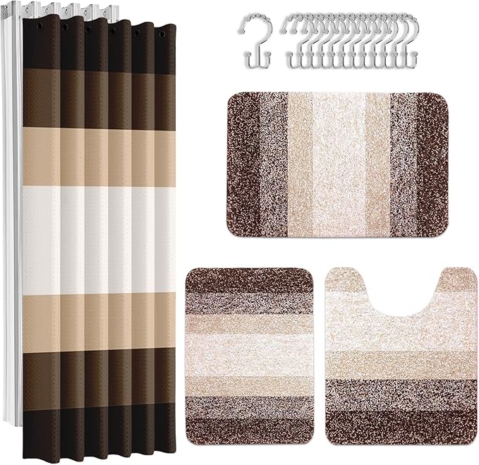 Britimes Brown Stripes Bathroom Sets with Shower Curtain and Rugs, Ombre Modern Minimalist Striped Waterproof Shower Curtain Liner and Soft Non Slip Bath Mat for Bathroom Decor and Accessories Hooks