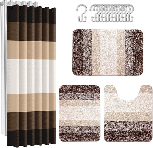 Britimes Brown Stripes Bathroom Sets with Shower Curtain and Rugs, Ombre Modern Minimalist Striped Waterproof Shower Curtain Liner and Soft Non Slip Bath Mat for Bathroom Decor and Accessories Hooks