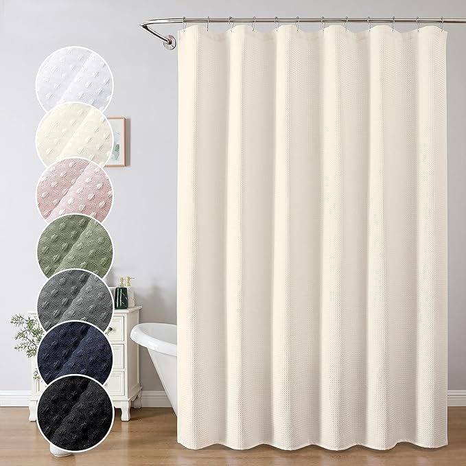 OWENIE Cream Shower Curtain 96 Inch Extra Long, Waffle Weave Textured Fabric Bathroom Curtains, Water Repellent Thick Soft Hotel Spa Luxury Elegant Bath Curtain, Machine Washable, Cream, 72x96 Inch