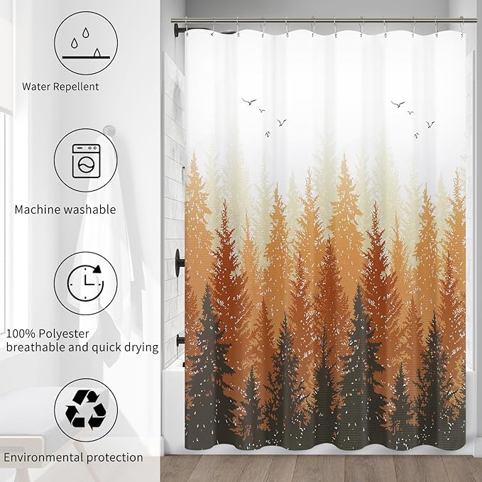 Hokibero Plant Shower Curtain 78 inches Long Mountain Forest Nature Tree Fabric Shower Curtains for Bathroom Water Repellent Woodland, 72 x 78 inch, Autumn Yellow