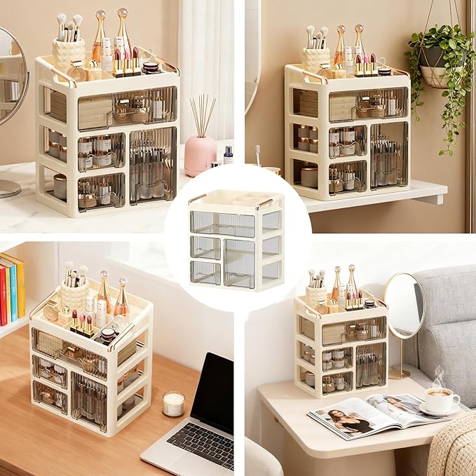 Makeup organizer, 1 large drawer+2 small drawers+1 vertical drawer, suitable for dressing tables, lipsticks, skincare products, and desktop storage boxes