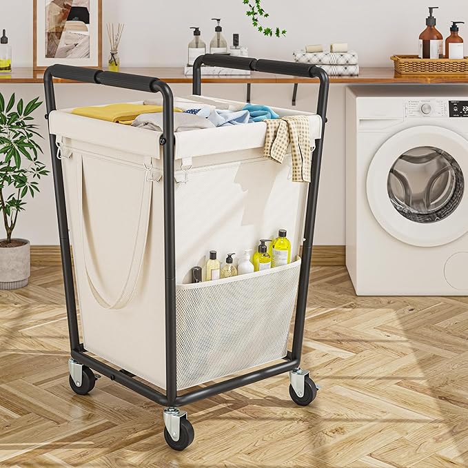 180L Laundry Basket with Wheels & Handles, Laundry Cart with Removable Bag & Metal Frame for Clothes Storage, Hamper with Wheels for Laundry Room, Bathroom, Dorm, Home, Closet (Beige)