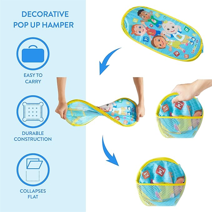 Cocomelon Pop-Up Hamper with Durable Carry Handles, Kids Laundry & Room Storage Organizer, 21?€?H x 13.5?€?W x 13.5?€?L