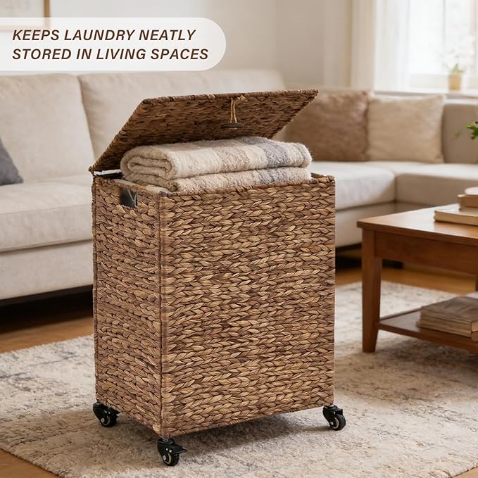 Hand-Woven Laundry Basket with Wheels, Natural Water Hyacinth Laundry Hamper with Lid, Removable & Machine-Washable Liner,Clothes Hamper for Bathroom and Laundry Room(90L,Espresso)