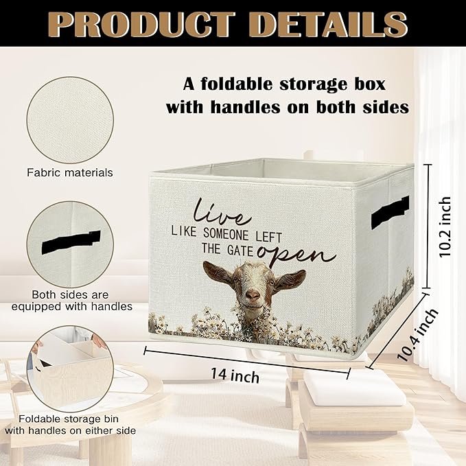 Rustic Goat Storage Bins & Boxes with Handles, Farmhouse Goat Foldable Basket for Organizing, Live Like Someone Left the Gate Open Collapsible Storage Basket for Bedroom Bathroom Clothes Toys