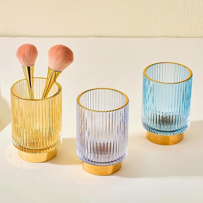 Makeup Brush Holder Organizer,Toothbrush Holders,Desk Pen Pencil Holder,Multifunctional Vintage Glass Brush Cup（L/Gold/A3-7-US）