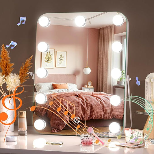 MINISO Vanity Mirror with Lights and Bluetooth Speaker- 10.6" x 13.8" Hollywood Makeup Mirror with 3 Color Lights, Smart Touch Control, Rounded Rectangle White Frame