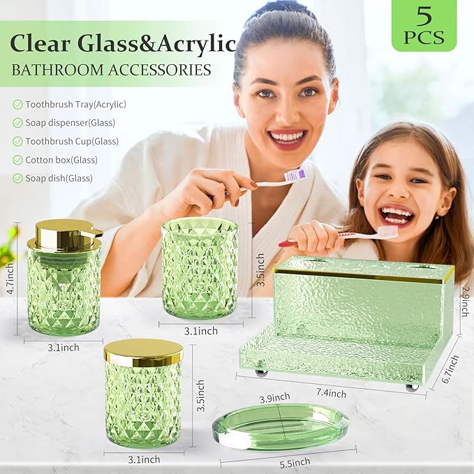 Glass Bathroom Accessories Set 5Pcs Crystal - Foaming Soap Dispenser, Soap Dish, Cup, Acrylic Toothbrush Holder with Tray Organizer, Qtip Jar, Bathroom Counter Set Sink Decor (Green)
