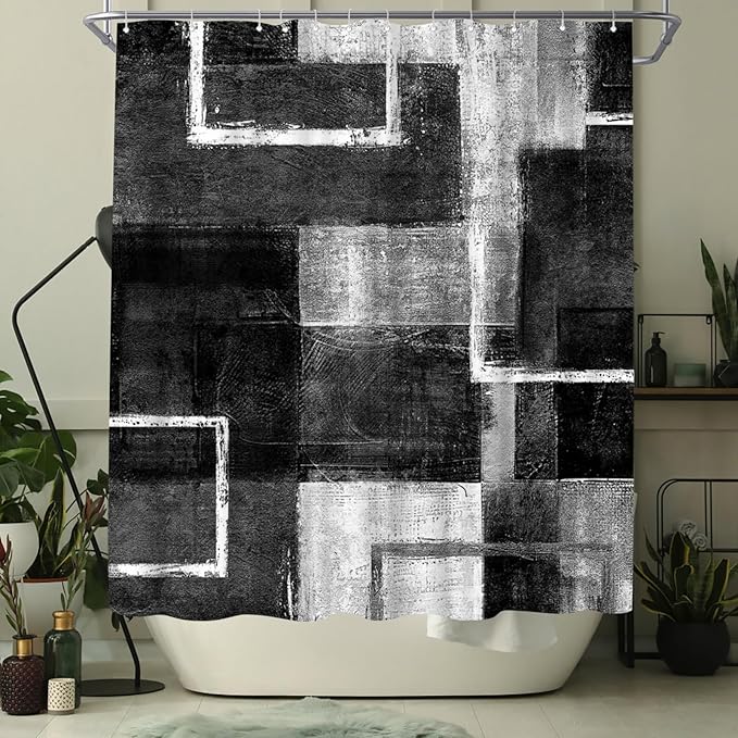WELMECO Abstract Black Shower Curtain Geometric Shower Curtain Bathroom Decor Polyester Fabric 72x72inch (Black)