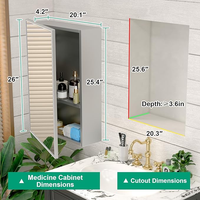 20 x 26 Farmhouse Medicine Cabinet for Bathroom, Silver Bathroom Mirror with Storage, Tempered Glass, Frameless Recessed or Wall Mount Aluminum Medicine Cabinet - Pre-Assembled