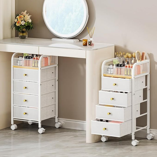 SWTYMIKI Rolling Makeup Organizer Cart - Under Desk Vanity Makeup Storage with 3 Non-woven Drawers, Nail Cart Organizer Cosmetic Display Cases Cabinet for Skin Care Perfume Nail Polish Brush Hair Tool