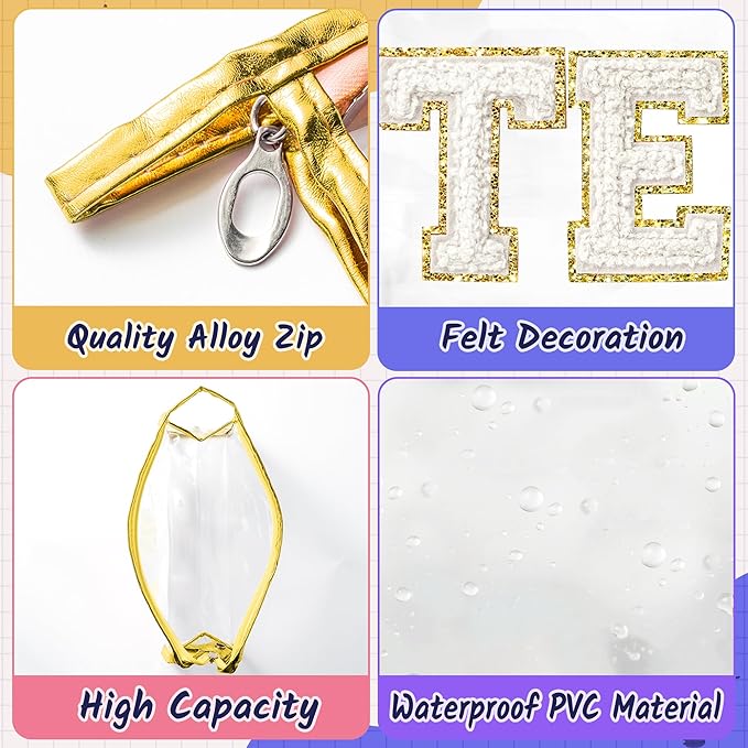 CY2SIDE TEACH Clear Makeup Bag - White TEACH Letter Patch Cosmetic Bag with Handle for Travel PVC Zipper Clear Toiletries Waterproof Portable Travel Organizer Teacher Appreciation Gifts, Gold