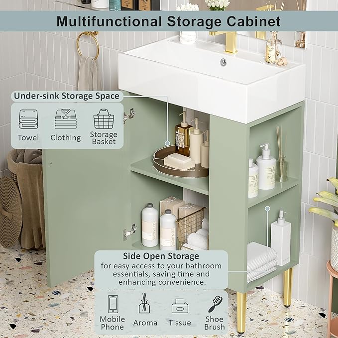 Virubi 21.6 in Small Bathroom Vanity with Sink,Doors and Storage Shelves,Wood Modern Single Fluted Bathroom Sink Cabinet Freestanding (Green,Right Shelf)