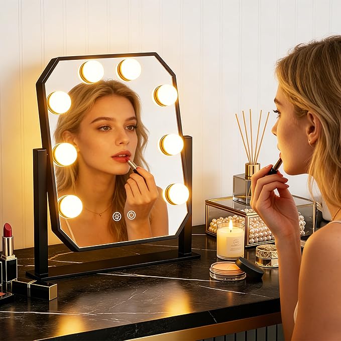 Vanity Mirror with Lights - 11.8"x9.8" Hollywood Makeup Mirror with Dimmable LED Bulbs, 3 Color Modes, Smart Touch Control, Desktop Mirror for Bedroom Dressing Table, Gift for Women Girls (Black)