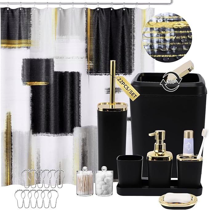 XLHOMO Black and Gold Bathroom Accessories Set, Bathroom Sets with Shower Curtain, Black Bathroom Accessories with Trash Can, Soap Dispenser, Soap Dish, Toilet Brush Holder, Qtip Holders for Bathroom