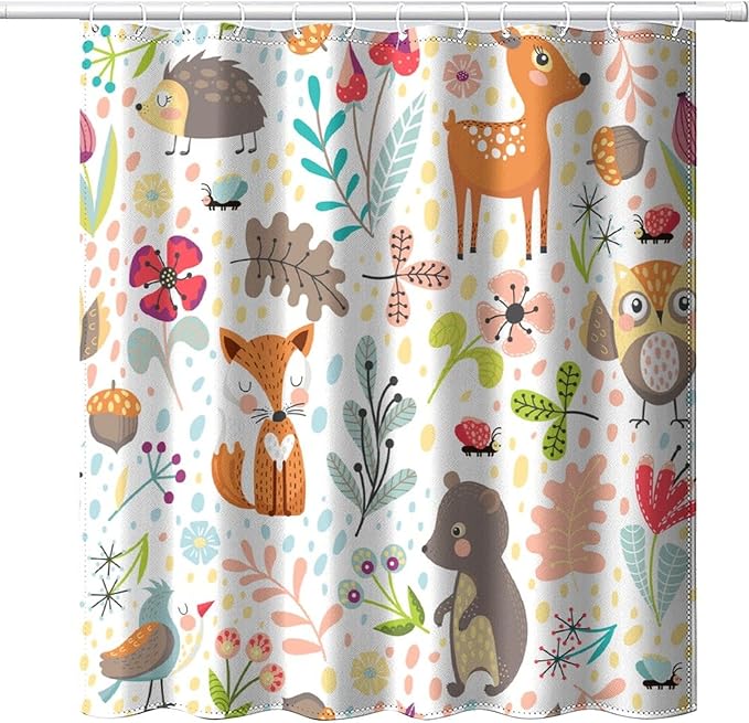 Kids Baby Woodland Shower Curtain Animals Cartoon Girls Children's Cute Cartoon Funny Colorful Weeds Plants Fox Waterproof Fabric Bathroom Decor 72x84 Inches(183x214cm), Style-13