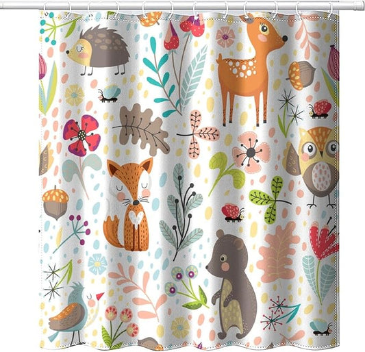 Kids Baby Woodland Shower Curtain Animals Cartoon Girls Children's Cute Cartoon Funny Colorful Weeds Plants Fox Waterproof Fabric Bathroom Decor 72x84 Inches(183x214cm), Style-13