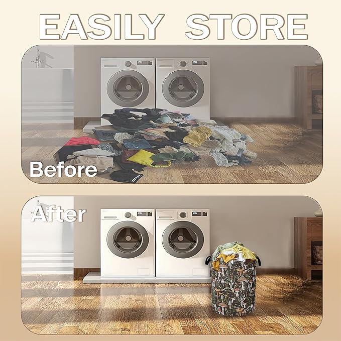 Collapsible Laundry Basket,Vintage Mushroom Dirty Clothes Hamper,Forest Wildflower Hampers for Bedroom Waterproof Oxford Cloth Storage Organizer for Bathroom,Nursery,Dorm,16x20 Inch